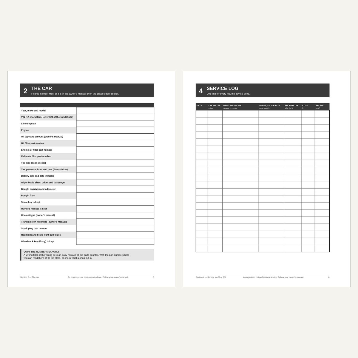 Sample pages from The Driver's Car Maintenance Record Book
