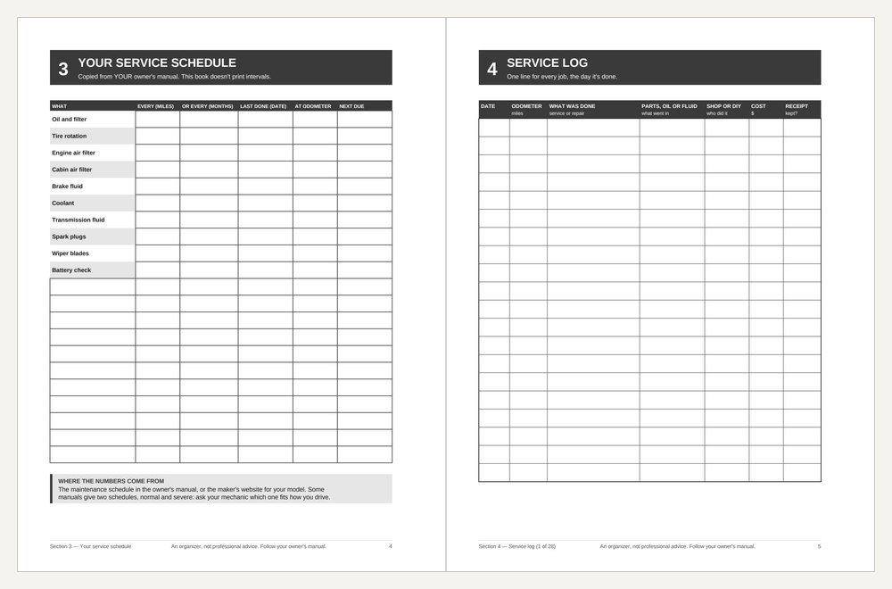 The sections inside The Driver's Car Maintenance Record Book