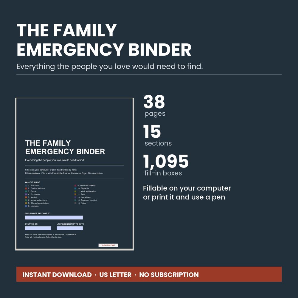 The Family Emergency Binder cover and inside pages