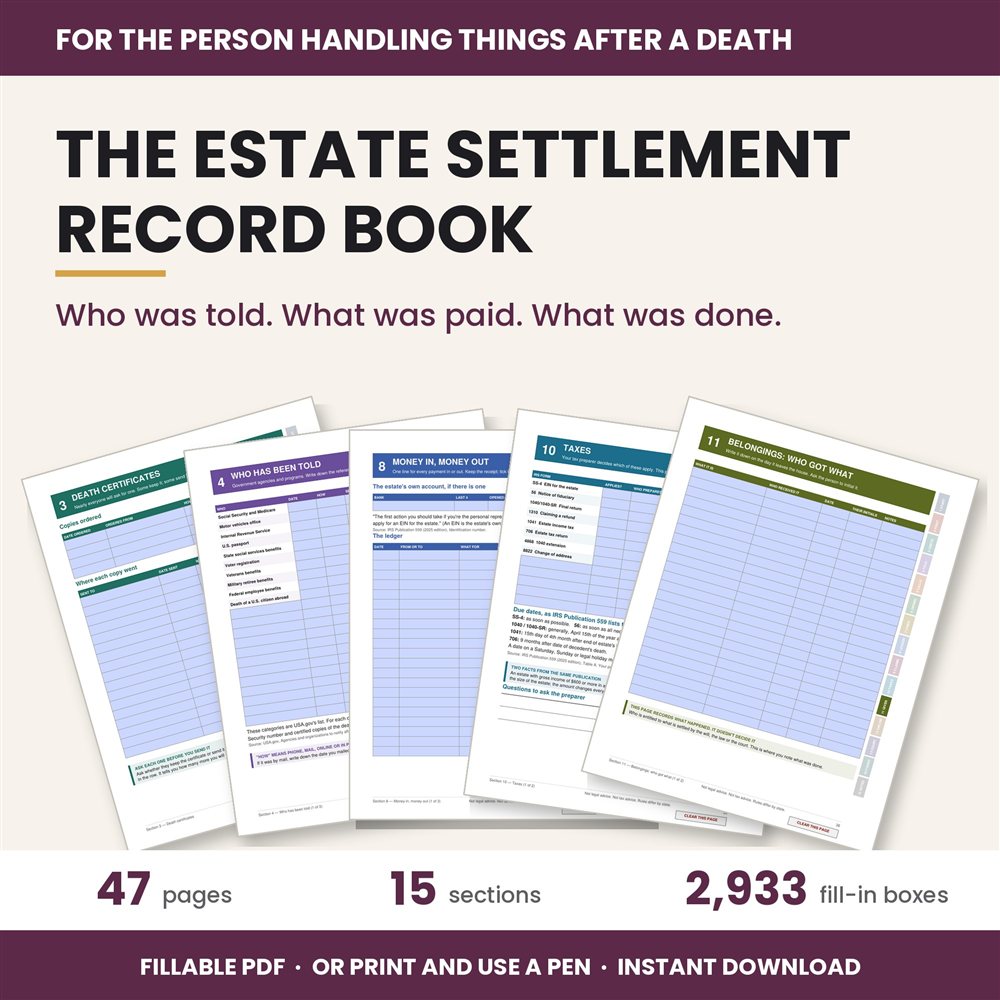 The Estate Settlement Record Book cover and inside pages