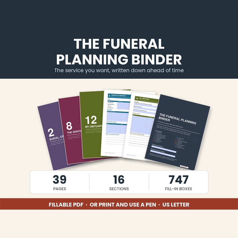The Funeral Planning Binder cover and inside pages