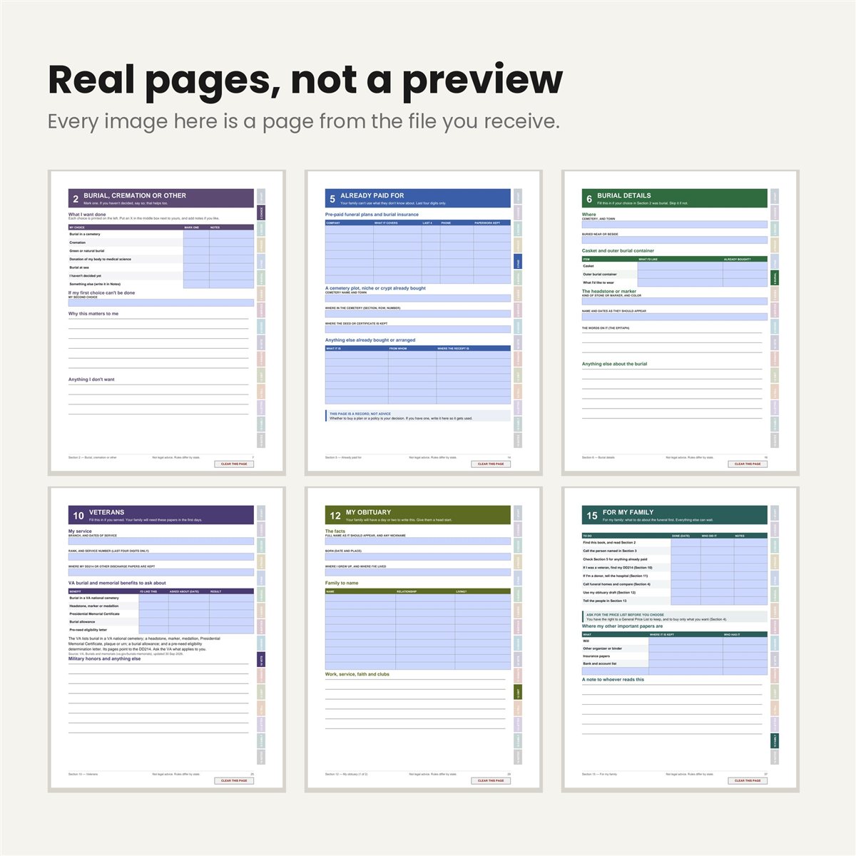Sample pages from The Funeral Planning Binder