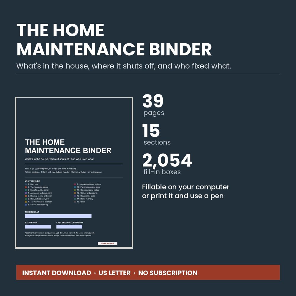 The Home Maintenance Binder cover and inside pages