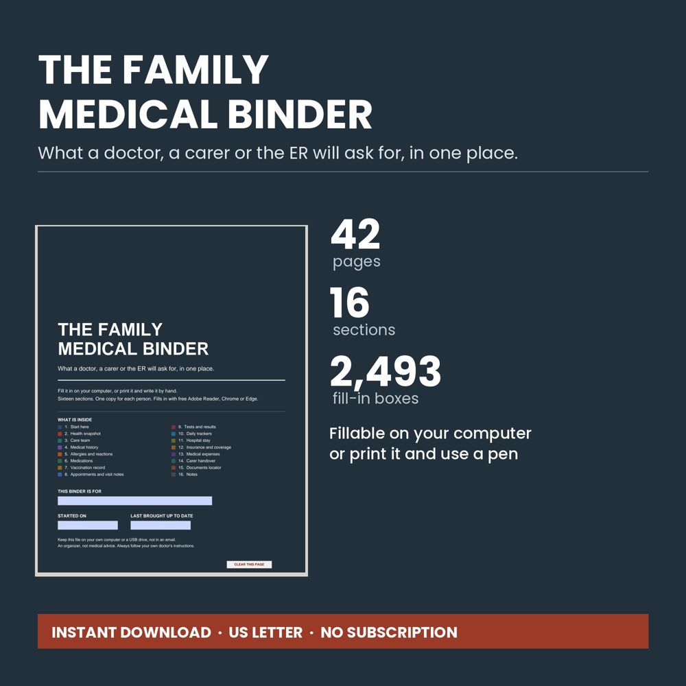 The Family Medical Binder cover and inside pages
