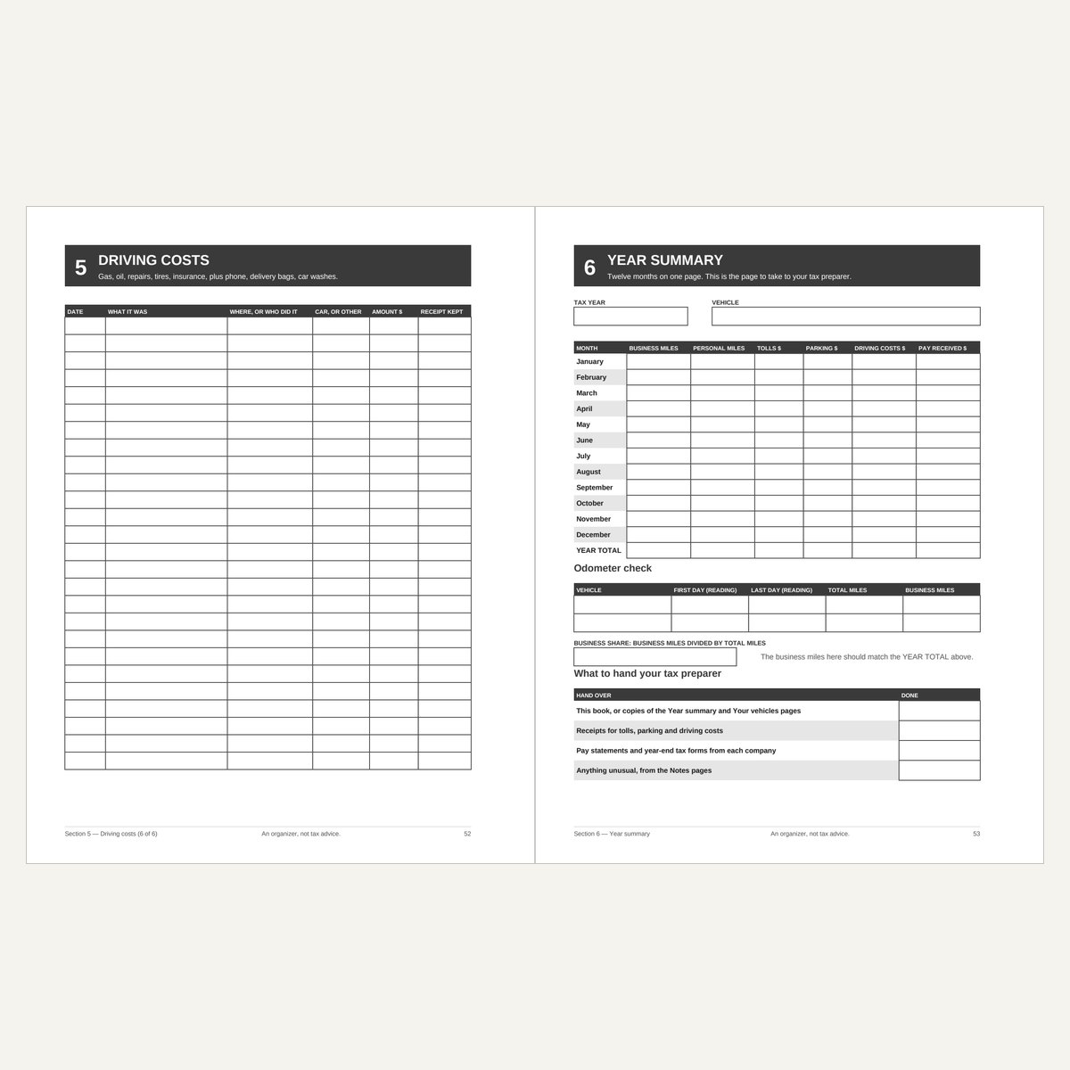 Sample pages from The Driver's Mileage Record Book